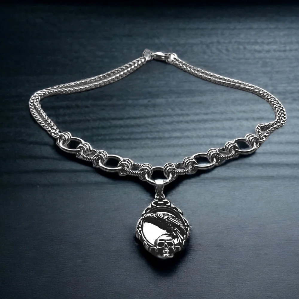 stainless steel necklace double wheat chain crow skull mirror design charm .